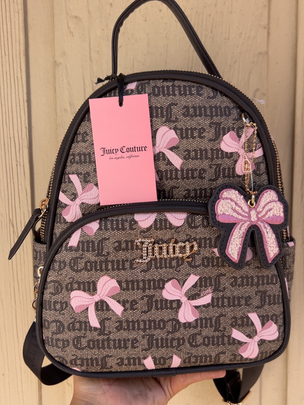 Juicy Couture Brown Monogram Backpack with Pink Bow Accents